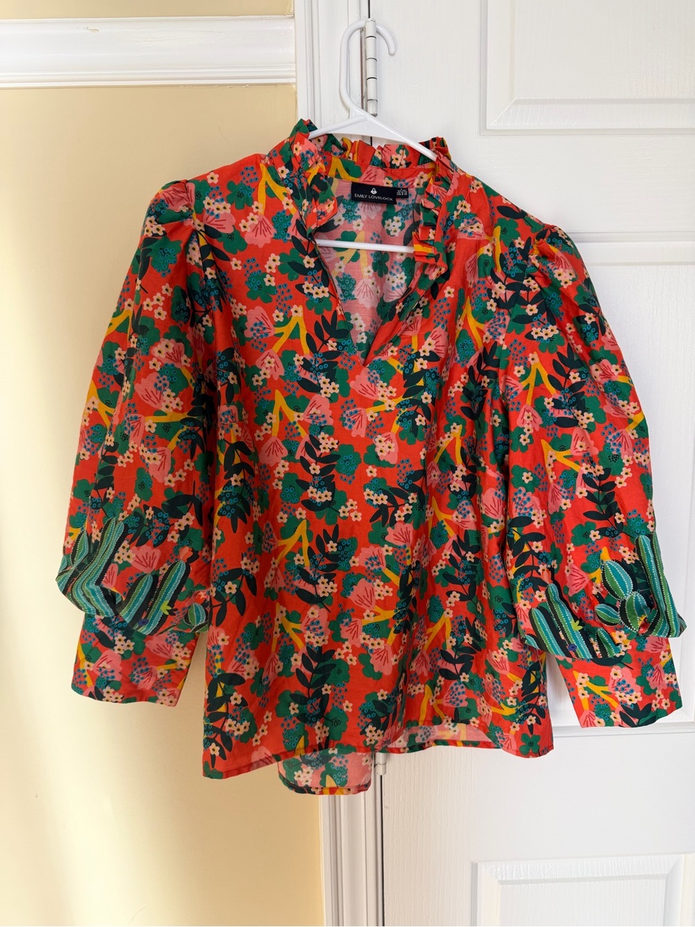 Emily Lovelock Floral Cactus Puff Sleeve Blouse Size Large